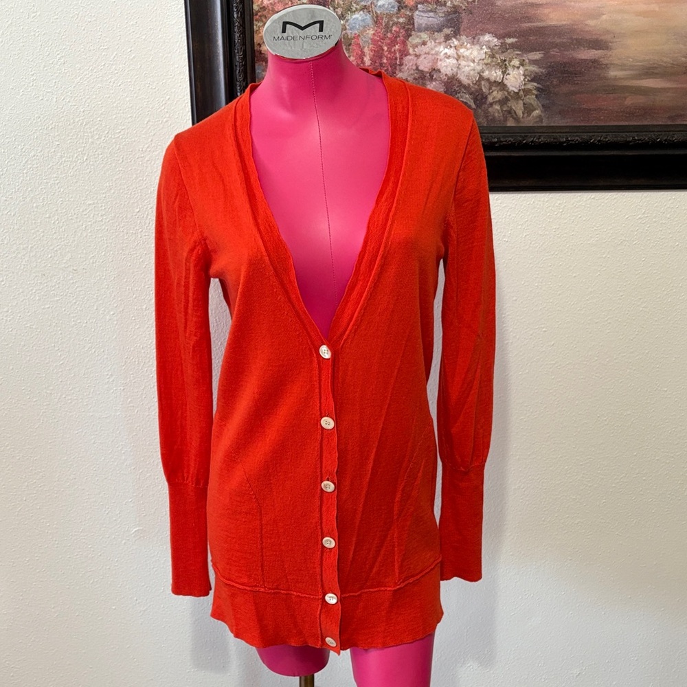 J.Crew 100% Merino Wool Long V-Neck Orange Cardigan Sweater Women's Size Large